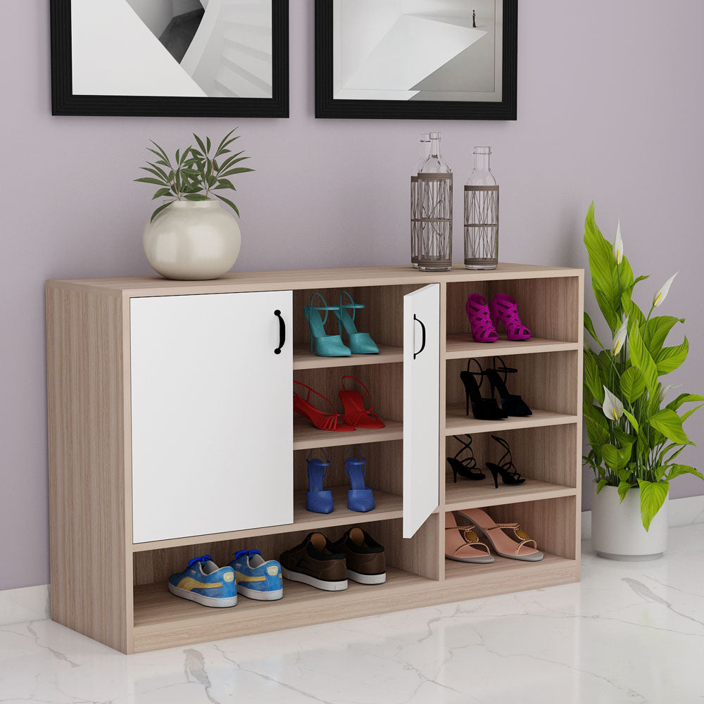Natural Oak & White Shoe Cabinet with Multiple Open Shelves & Dual Doors – IM-10079