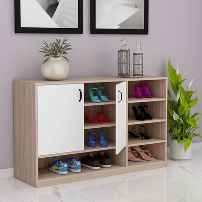 Natural Oak & White Shoe Cabinet with Multiple Open Shelves & Dual Doors – IM-10079