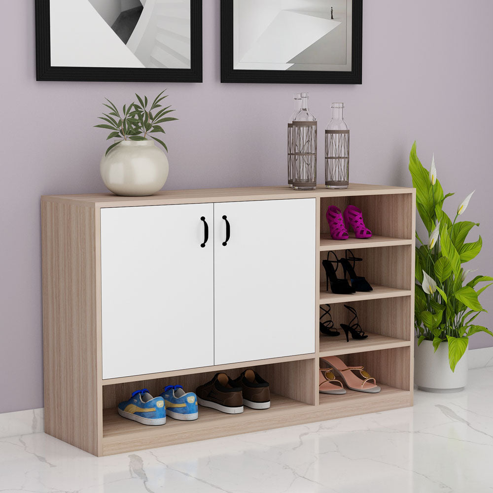 Natural Oak & White Shoe Cabinet with Multiple Open Shelves & Dual Doors – IM-10079
