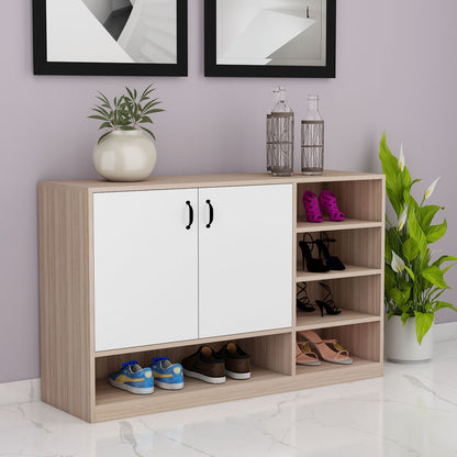 Natural Oak & White Shoe Cabinet with Multiple Open Shelves & Dual Doors – IM-10079