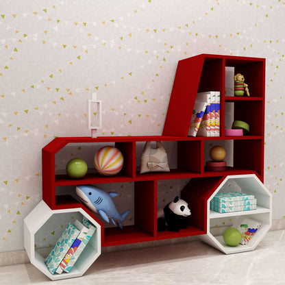 Kids Toy unit, Book Shelf, Kids unit in Tractor shape, Kids unit of Open Space, Red & White color Kid unit, Kids unit - IM10081