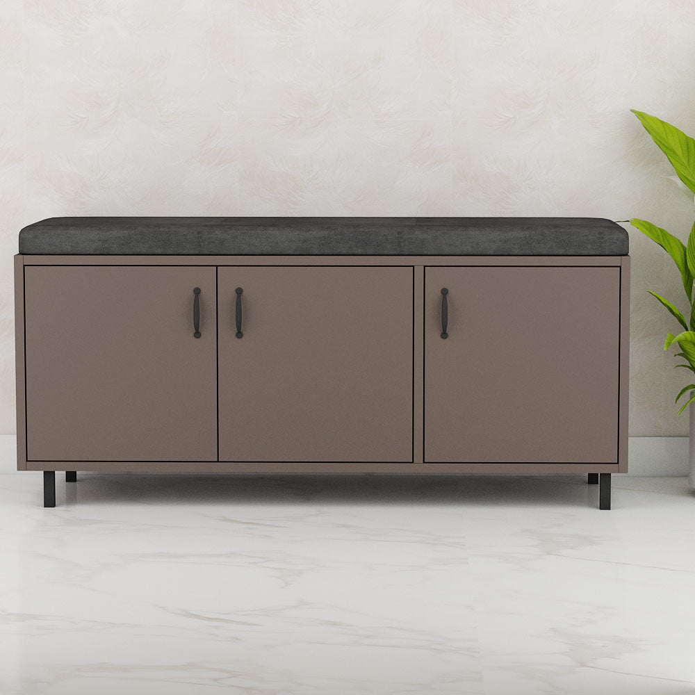 Modern Brown Shoe Storage Bench with Cushioned Seat, Dual-Door Cabinet & Open Shelves – IM-10091