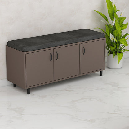 Modern Brown Shoe Storage Bench with Cushioned Seat, Dual-Door Cabinet & Open Shelves – IM-10091