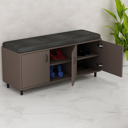 Modern Brown Shoe Storage Bench with Cushioned Seat, Dual-Door Cabinet & Open Shelves – IM-10091