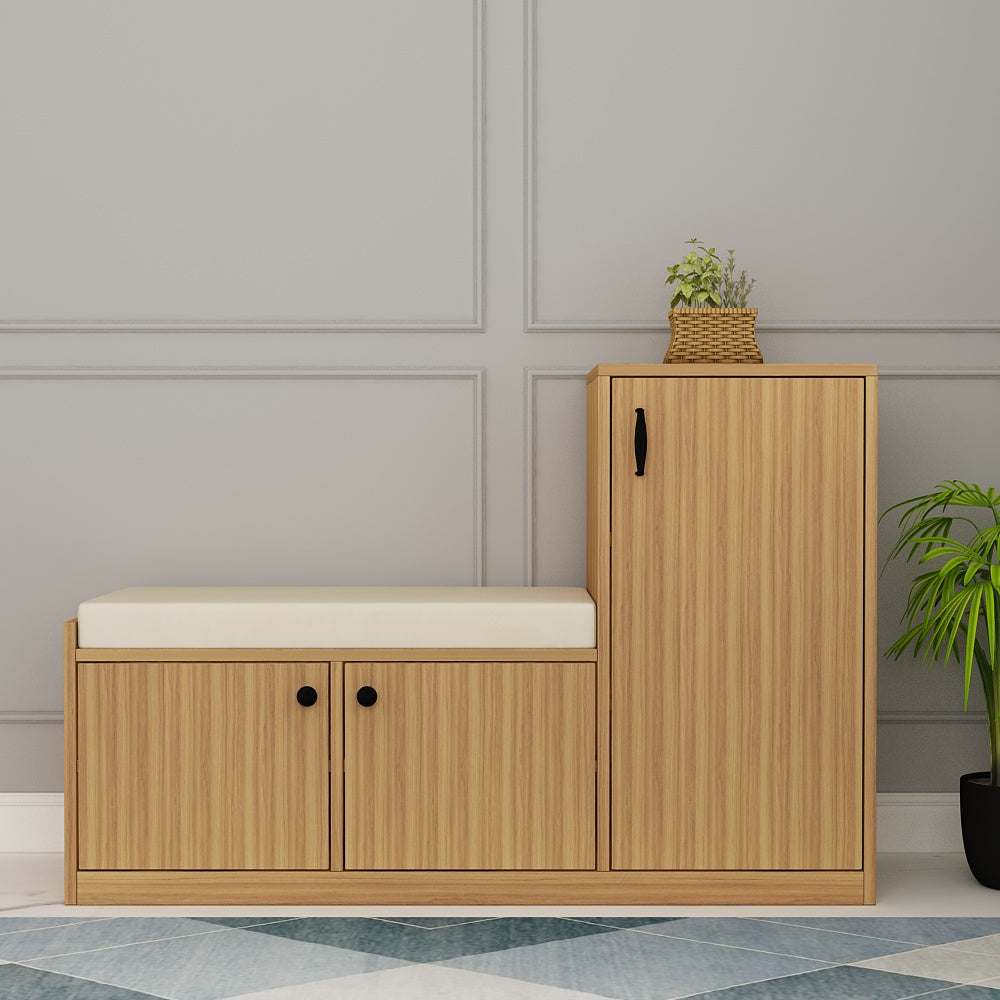 Natural Oak Finish Shoe Cabinet with Seating Bench, Dual Door Storage & Cushioned Top – IM-10093