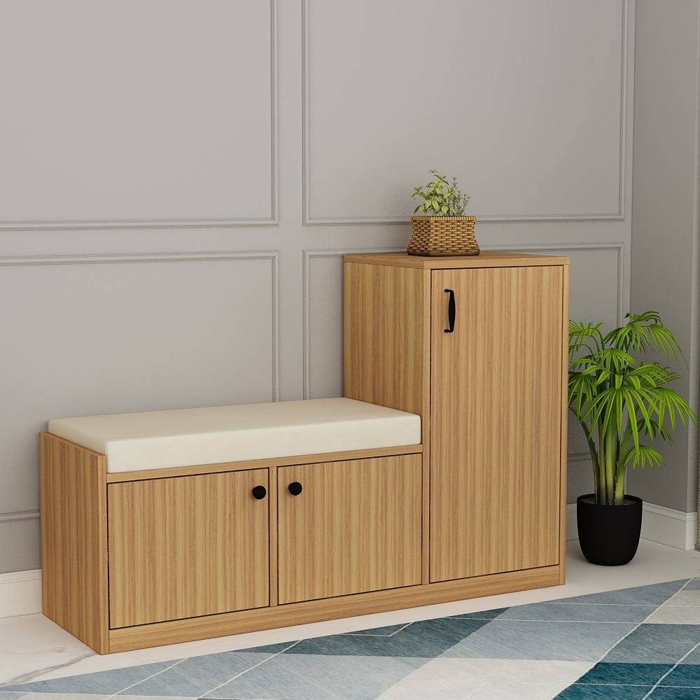 Natural Oak Finish Shoe Cabinet with Seating Bench, Dual Door Storage & Cushioned Top – IM-10093