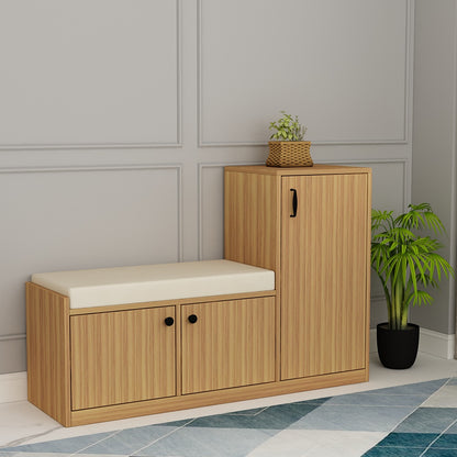 Natural Oak Finish Shoe Cabinet with Seating Bench, Dual Door Storage & Cushioned Top – IM-10093