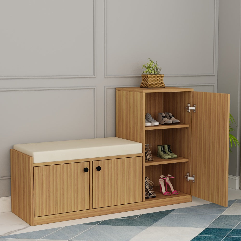 Natural Oak Finish Shoe Cabinet with Seating Bench, Dual Door Storage & Cushioned Top – IM-10093