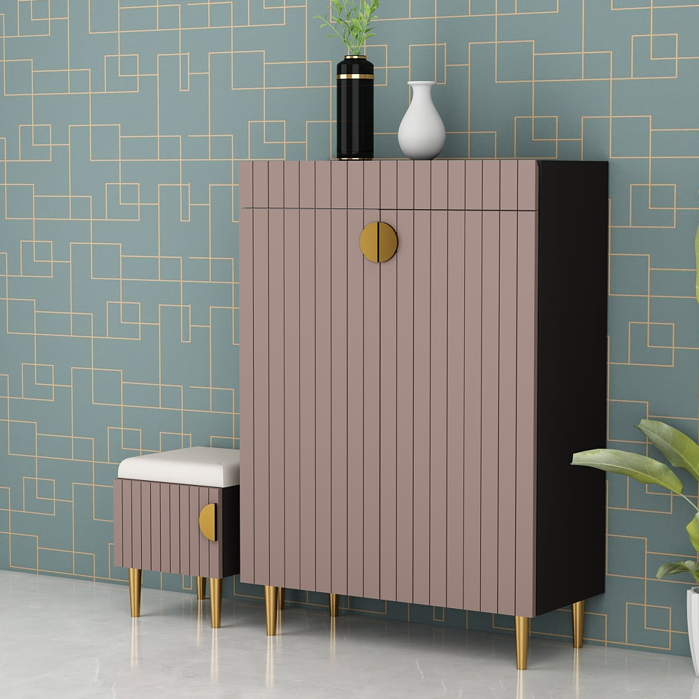 Mid-Century Modern Storage Cabinet with Matching Stool - Fluted Design Cabinet & Cushioned Seat Set in Dusty Rose Pink Finish with Gold Legs & Hardware IM-10095