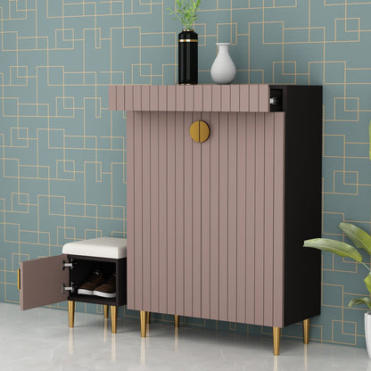 Mid-Century Modern Storage Cabinet with Matching Stool - Fluted Design Cabinet & Cushioned Seat Set in Dusty Rose Pink Finish with Gold Legs & Hardware IM-10095