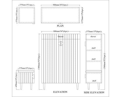 Mid-Century Modern Storage Cabinet with Matching Stool - Fluted Design Cabinet & Cushioned Seat Set in Dusty Rose Pink Finish with Gold Legs & Hardware IM-10095
