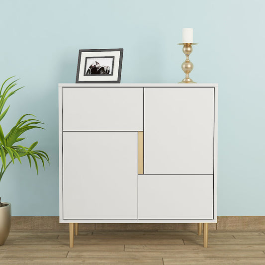 Storage Unit, White Color Storage Unit, Storage with Drawer & Shutter, Sideboard for Living Room & Bedroom, MS Leg in Golden Finish, Storage Unit - IM11072