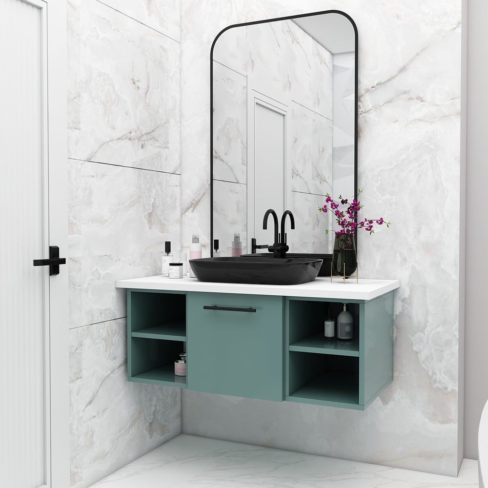 Vanity, Green Color Vanity, White Corian Top, Vanity with Drawer & Open Space, Vanity - IM116