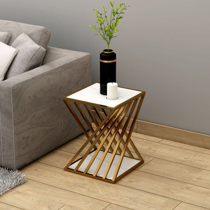 End Table, Drawing Room Furniture, End Table with White Color, End Table with MS Leg in Gold Finish, End Table - IM12123