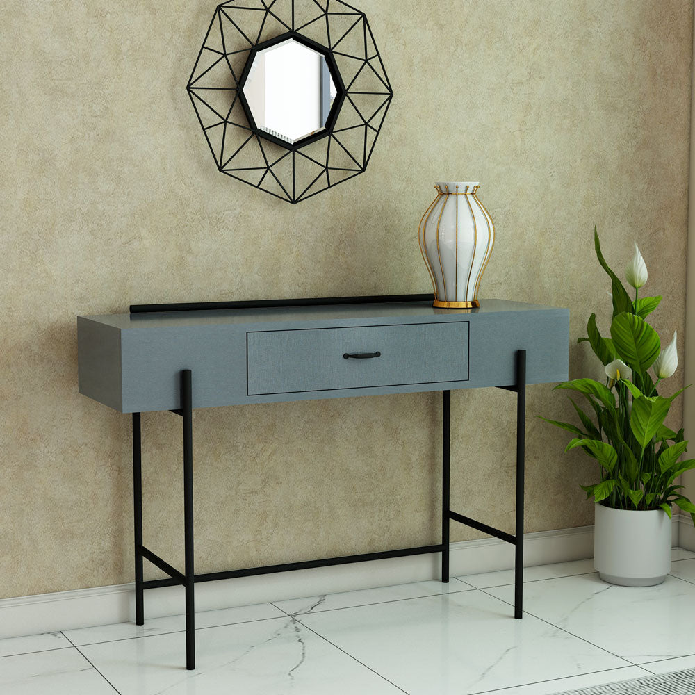 Console Table, Drawing Room Furniture, Console Table With Blue Color, Console Table With MS Leg In Gold Finish, Console Tables - IM12124