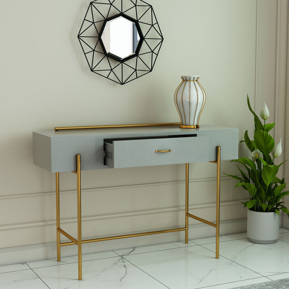 Console Table, Drawing Room Furniture, Console Table With Grey Color, Console Table With MS Leg In Gold Finish, Console Tables - IM12125