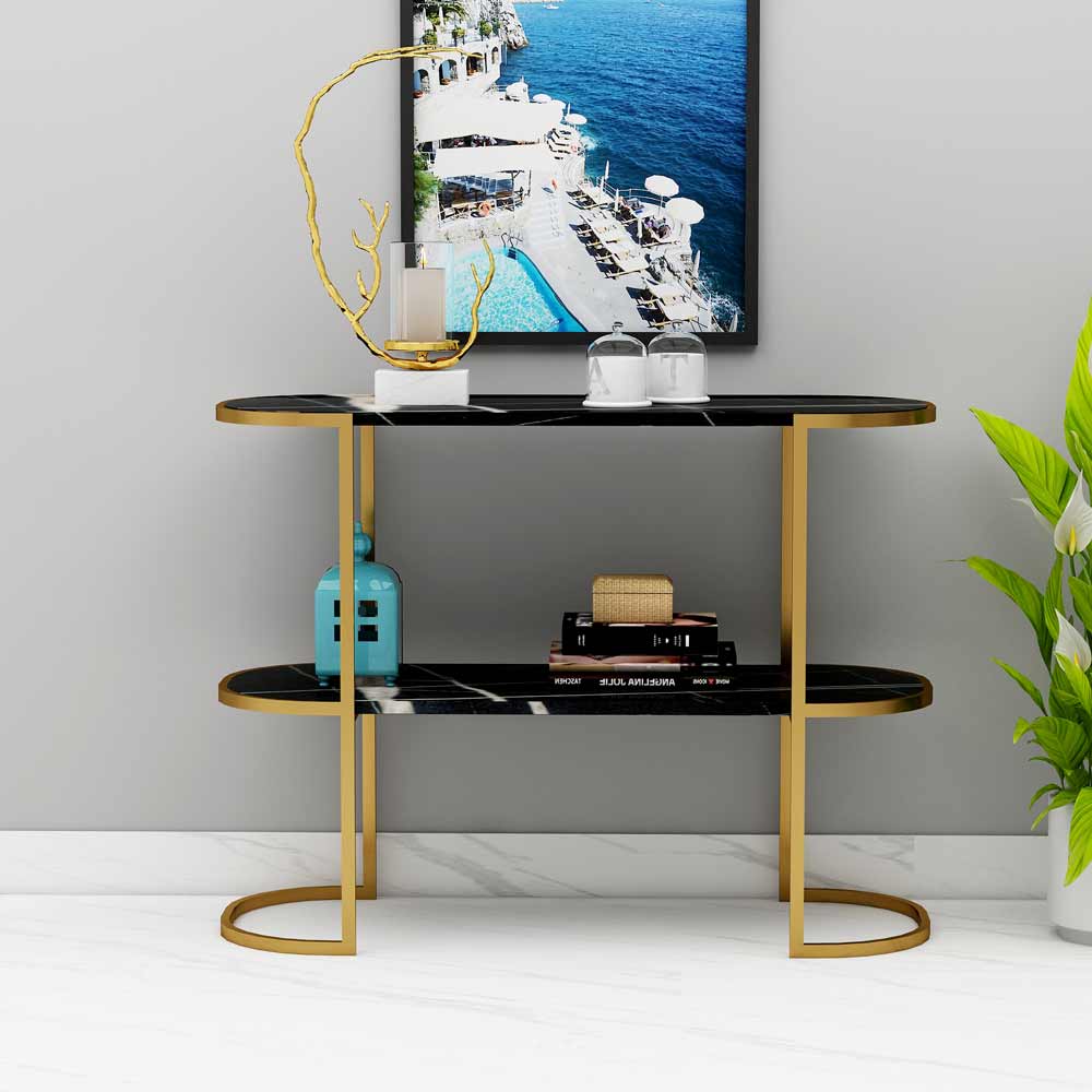 Console Table, Black Color Console Table, Console Table with Unique Design, Console Table With MS Leg in Gold Finish, Console Table - IM12135