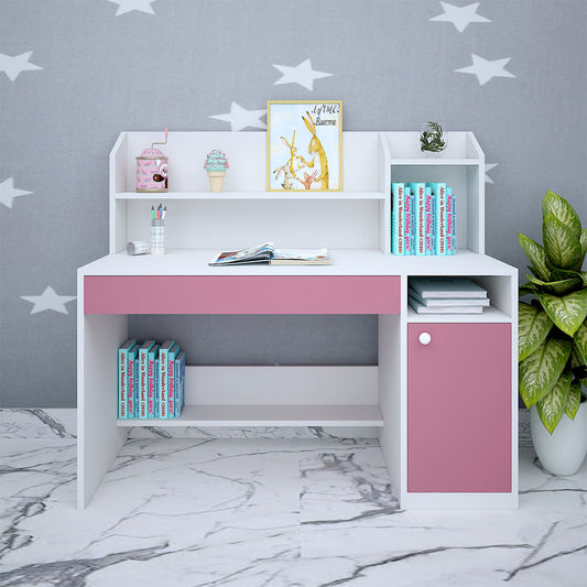 Kids Study Table, White & Pink Color Study Table, Study Table with Drawer & Shutter, Study Table with Open Shelf, Study Table - IM12147