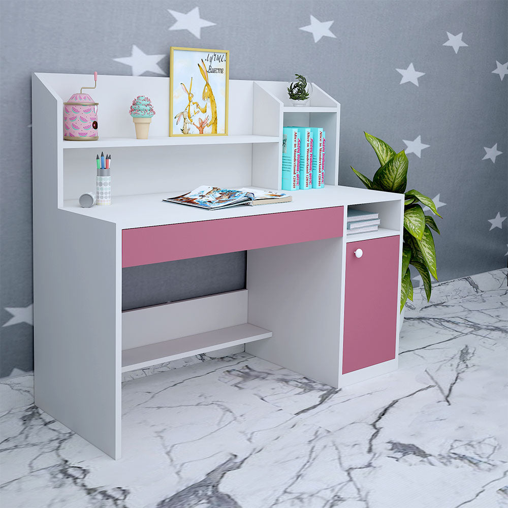 Kids Study Table, White & Pink Color Study Table, Study Table with Drawer & Shutter, Study Table with Open Shelf, Study Table - IM12147