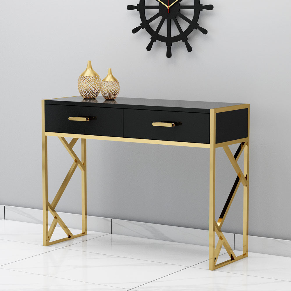 Console Table, Black Color Console Table, Entrance Table with Drawer, MS Leg in Gold Color, Console Table - IM12150