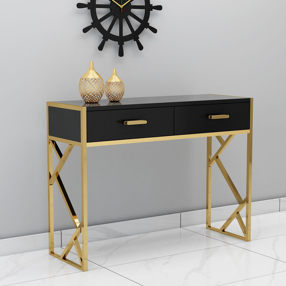 Console Table, Black Color Console Table, Entrance Table with Drawer, MS Leg in Gold Color, Console Table - IM12150