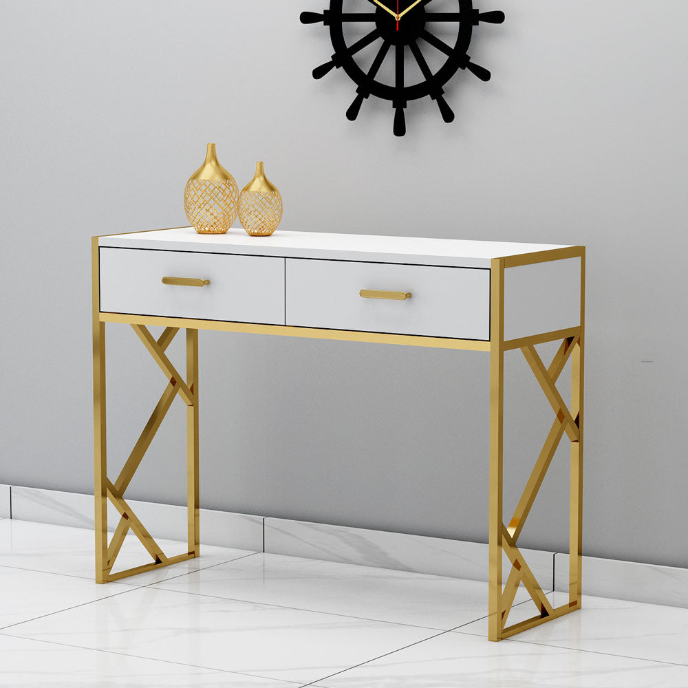 Console Table, White Color Console Table, Entrance Table With Drawer, MS Leg In Gold Color, Console Table - IM12151