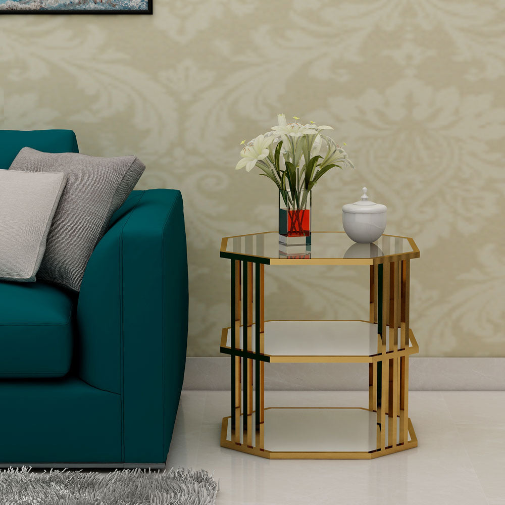 End Table, End Table with Glass Top, End Table with White & Gold color, Console Table - IM12152