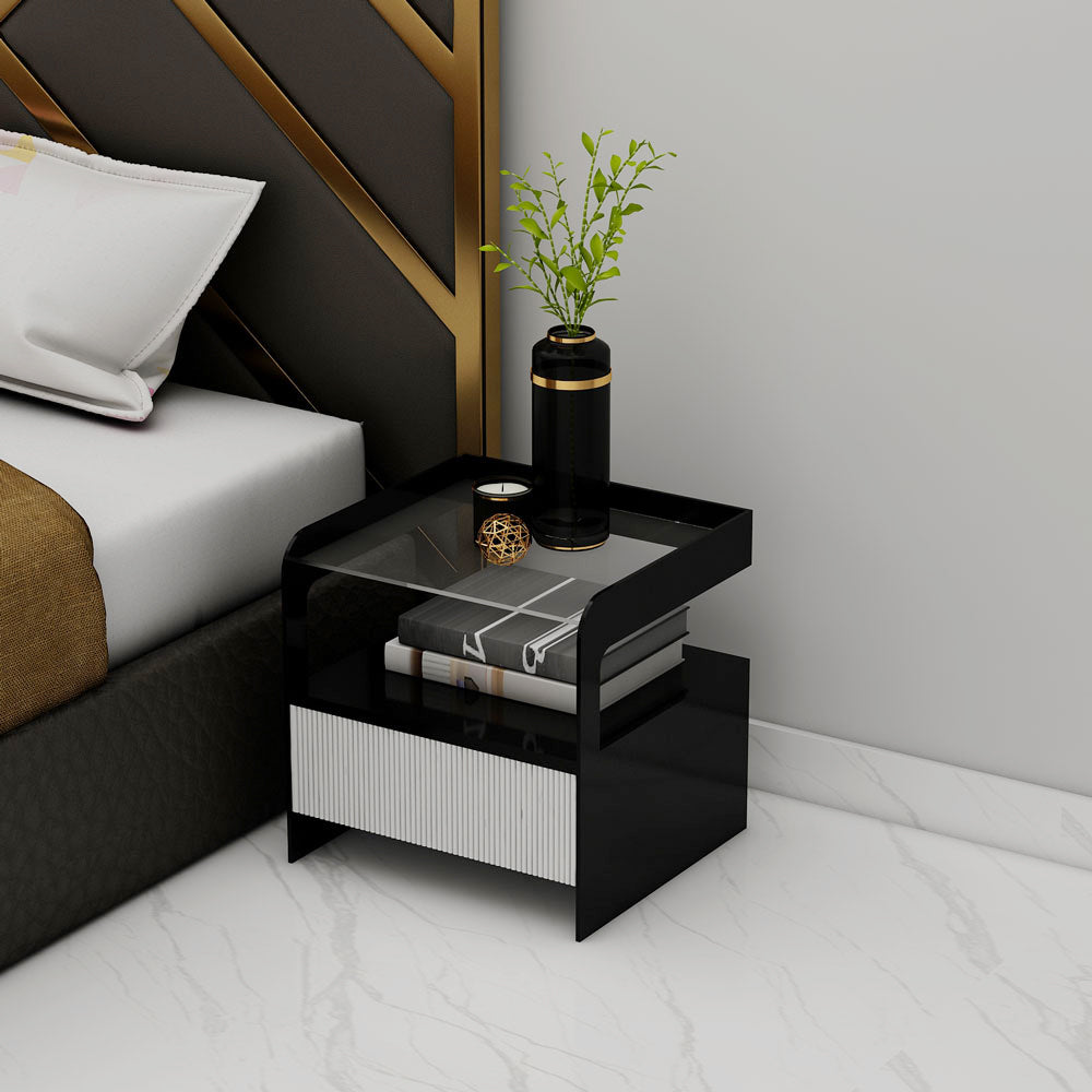 Bedside Table, Bedside Table with Black & White Color, BedsideTable with Drawer & Glass Shelf, Bedside Table - IM12161