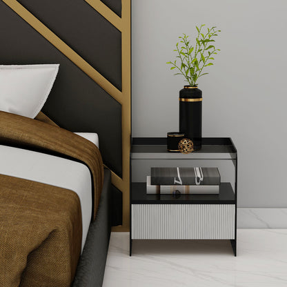 Bedside Table, Bedside Table with Black & White Color, BedsideTable with Drawer & Glass Shelf, Bedside Table - IM12161