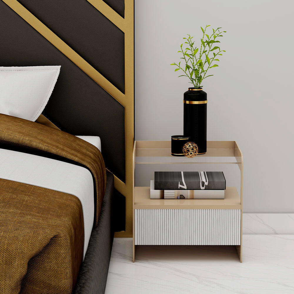 Bedside Table, Bedside Table with Beige & White Color, BedsideTable with Drawer & Glass Shelf, Bedside Table - IM12172