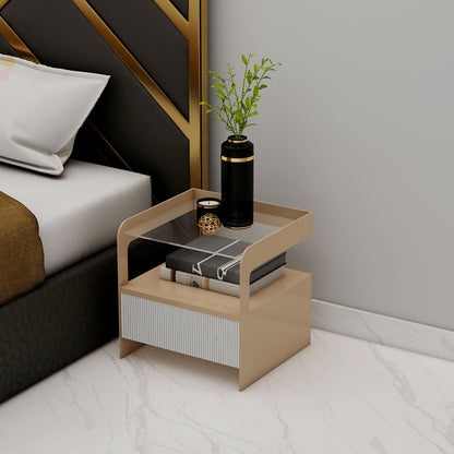 Bedside Table, Bedside Table with Beige & White Color, BedsideTable with Drawer & Glass Shelf, Bedside Table - IM12172