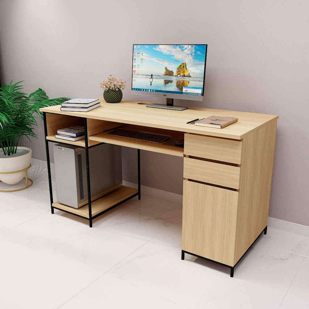 Computer Table, Light Brown & Black Color Table, Table with Drawer & Shutter, Computer Desk, Computer Desk with Open Shelf, Computer Table - IM12177