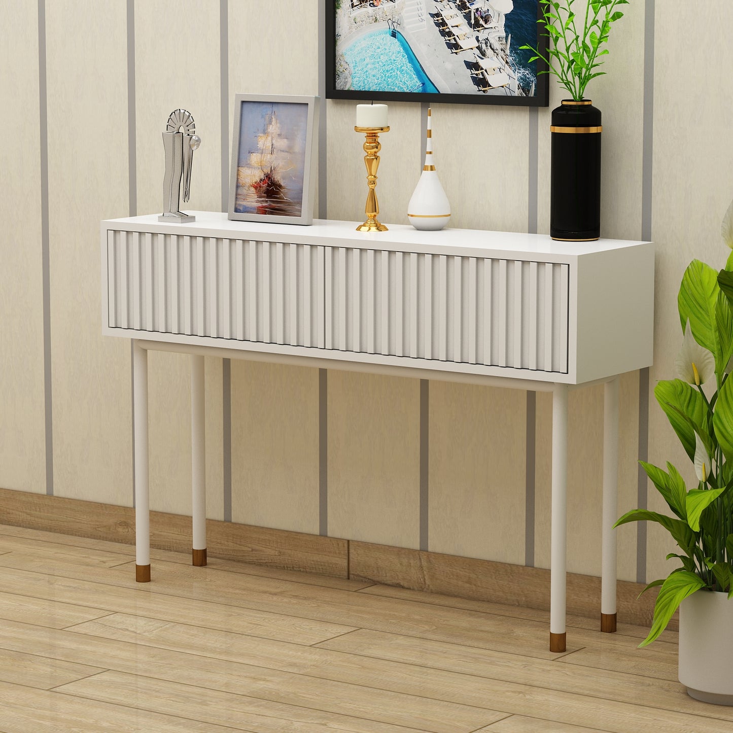 Console Table, White Console Table, Console Table With Drawer, Console Table With Metal Legs In White Finish, Console Table - IM12182