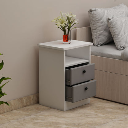 Bedside Table, White & Grey Color Bedside Table, Side Table with Drawer & Open Space, Bedside Table - IM12186