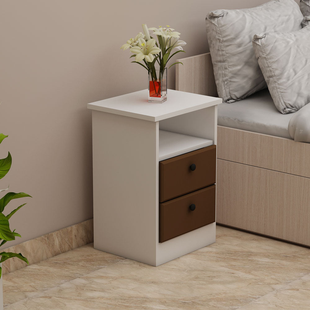 Bedside Table, White & Brown Color Bedside Table, Side Table with Drawer & Open Space, Bedside Table - IM12187