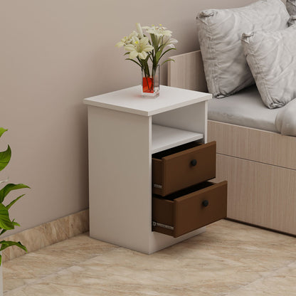 Bedside Table, White & Brown Color Bedside Table, Side Table with Drawer & Open Space, Bedside Table - IM12187