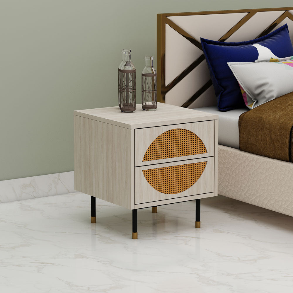 Bedside Table, Off-White Wood Color Bedside Table, Side Table with Drawer, MS Leg in Black Finish with Golden Cap, Side Table with Cane, Bedside Table - IM12189