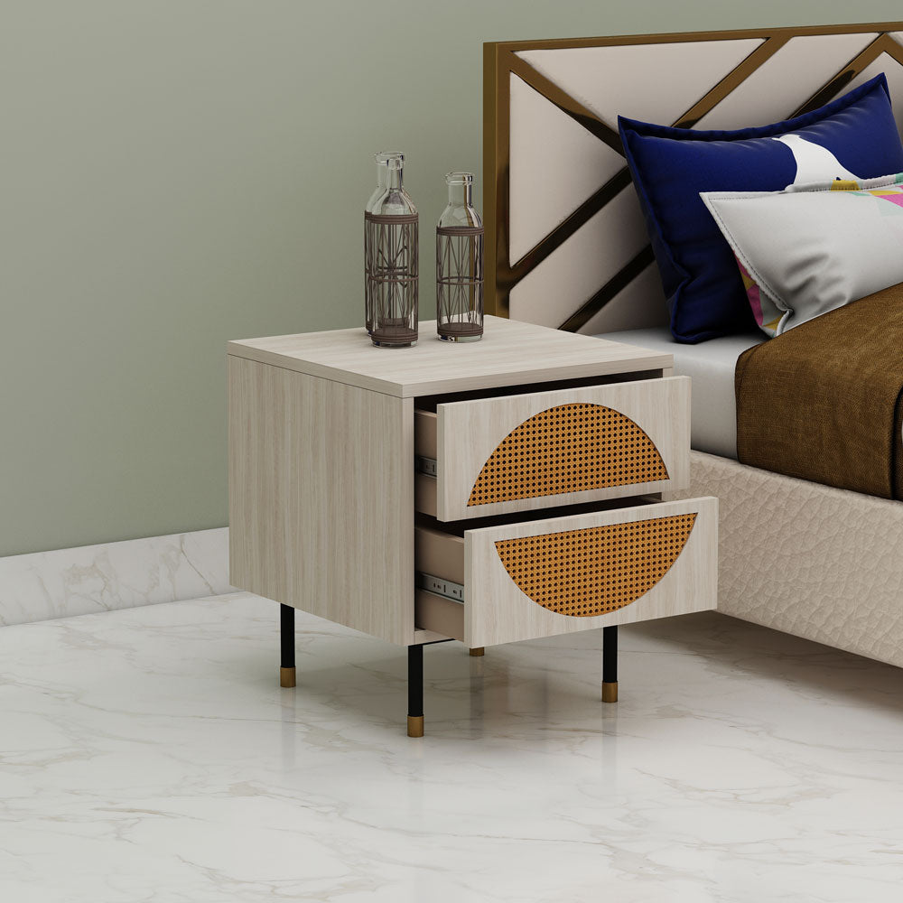 Bedside Table, Off-White Wood Color Bedside Table, Side Table with Drawer, MS Leg in Black Finish with Golden Cap, Side Table with Cane, Bedside Table - IM12189