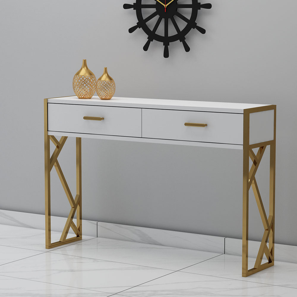 Console Table, White Color Console Table, Entrance Table With Drawer, MS Leg In Golden Color, Console Table - IM12192