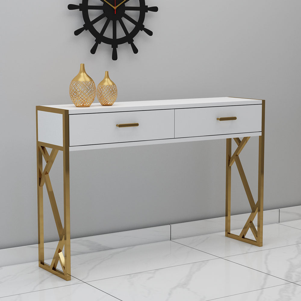 Console Table, White Color Console Table, Entrance Table With Drawer, MS Leg In Golden Color, Console Table - IM12192