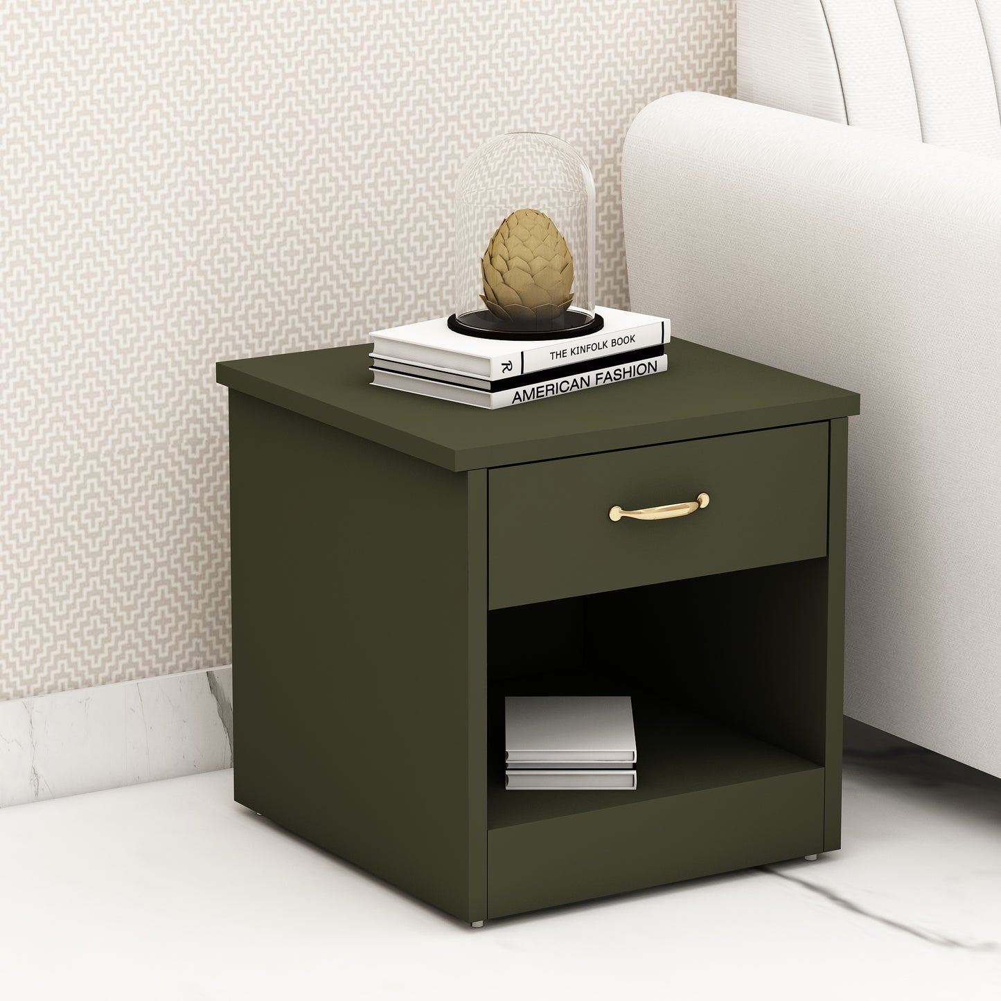 End Table, Side Table, Olive Color End Table with Open Shelf & Drawer, End Table - IM12202