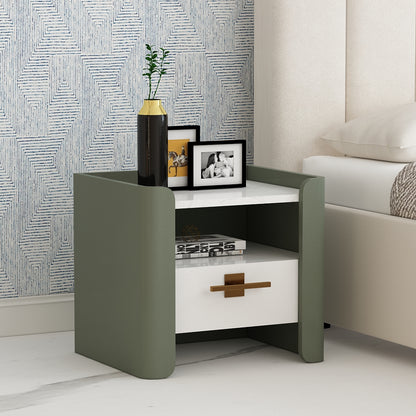 Bedside Table, Bedside Nightstand, Olive Green & White Color Bedside Table, Side Table with Drawer & Open Space, Bedside Table - IM12208