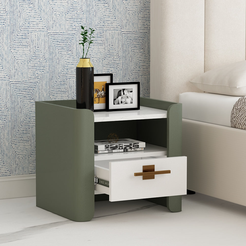 Bedside Table, Bedside Nightstand, Olive Green & White Color Bedside Table, Side Table with Drawer & Open Space, Bedside Table - IM12208