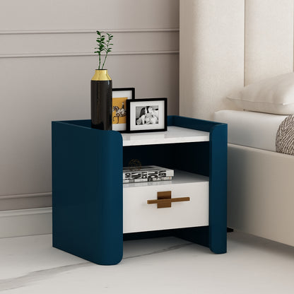 Bedside Table, Bedside Nightstand,  Turquoise Blue & White Color Bedside Table, Side Table with Drawer & Open Space, Bedside Table - IM12209