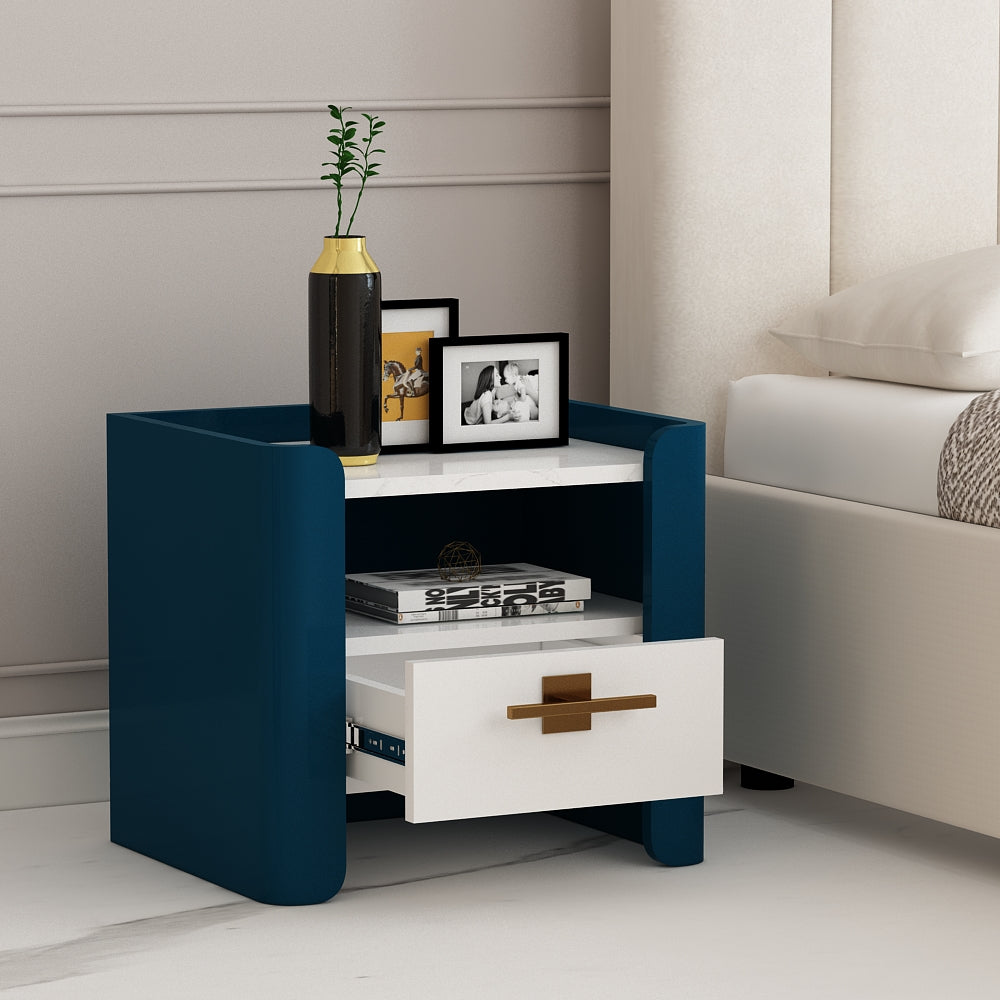 Bedside Table, Bedside Nightstand,  Turquoise Blue & White Color Bedside Table, Side Table with Drawer & Open Space, Bedside Table - IM12209