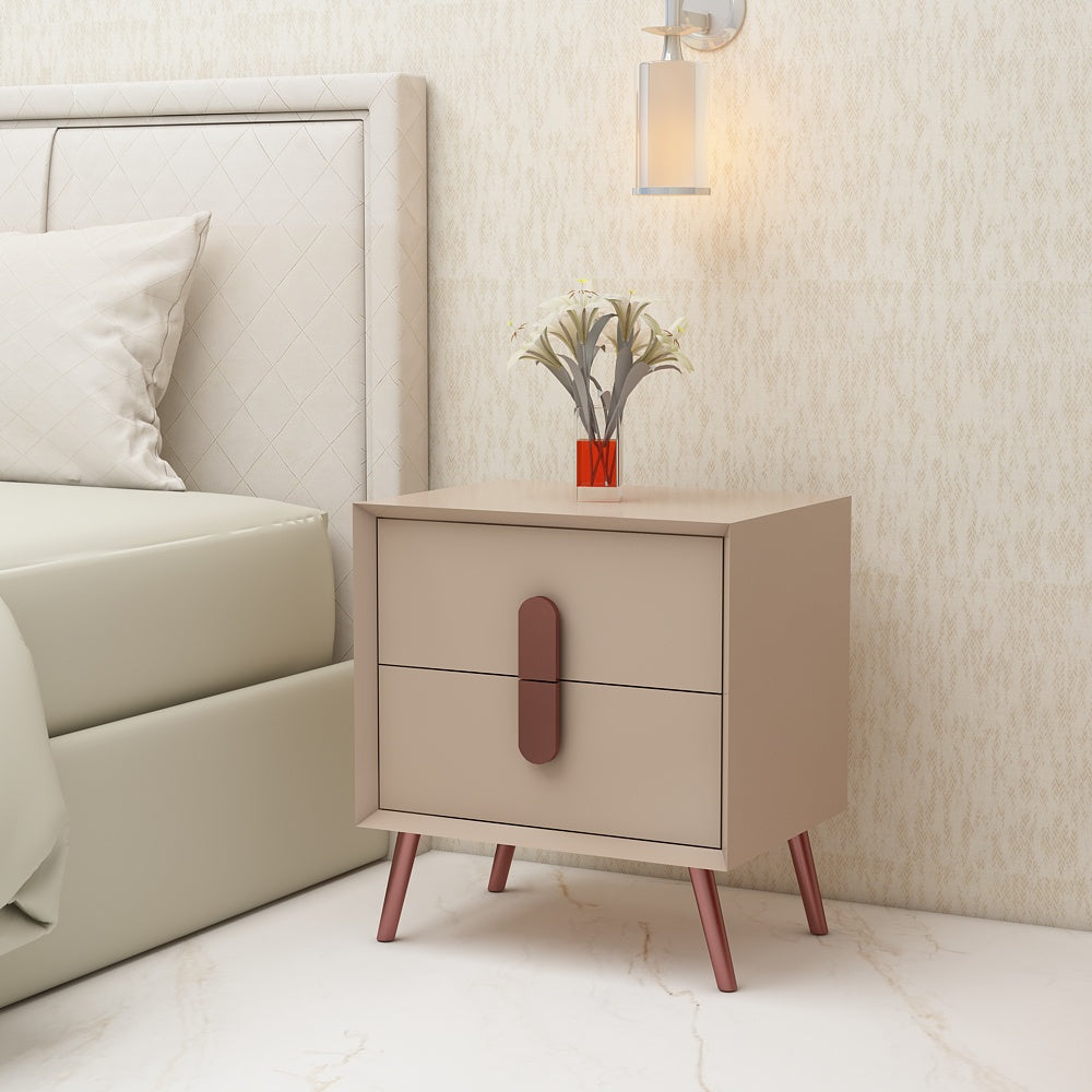 Bedside Table, Beige Color Bedside Table, Side Table with Drawer, MS Leg in Rose Gold Finish, Bedside Table - IM12224