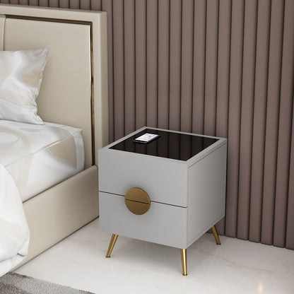 Bedside Table, Bedside Table with Wireless charger of Samsung, I Phone & Compatible Devices, Bedside Table in Grey & Gloden Color, Side Table with Drawer,Side Table with Glass Top, Bedside Table - IM12225