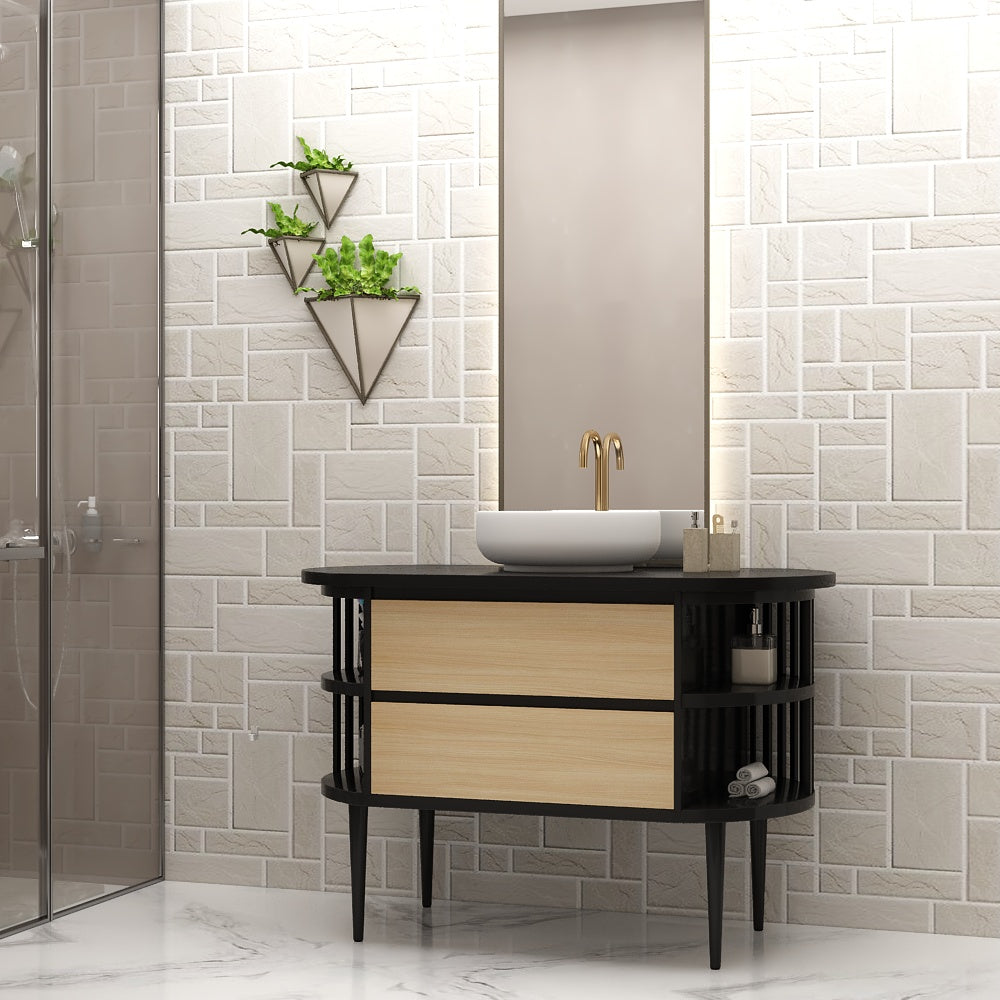 Vanity, Black & Light Brown Color Vanity, Vanity Top in Full Body Tile, Vanity with Drawer, Wooden Leg with Black Finish, Vanity - IM133