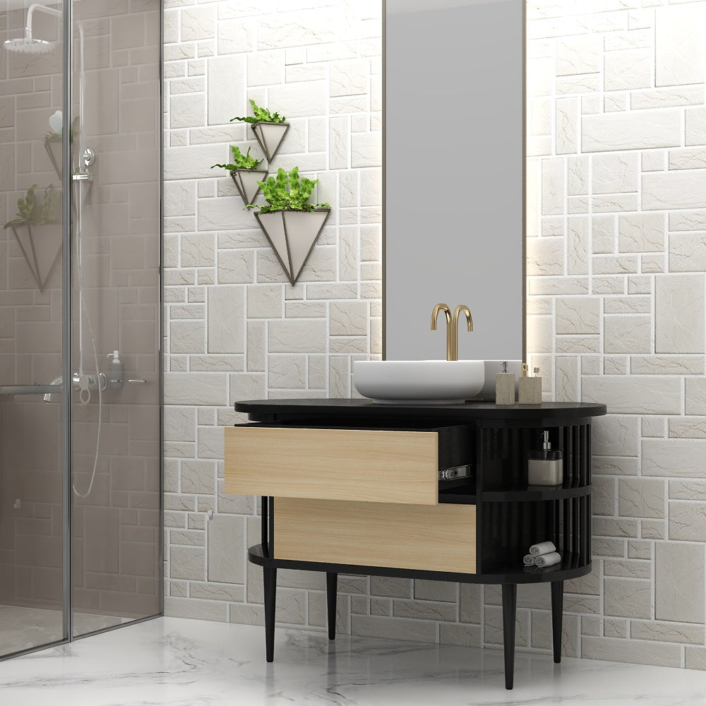 Vanity, Black & Light Brown Color Vanity, Vanity Top in Full Body Tile, Vanity with Drawer, Wooden Leg with Black Finish, Vanity - IM133