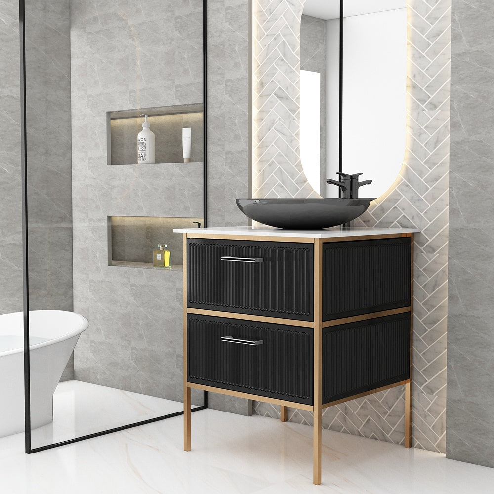 Vanity, Black & White Color Vanity, White Corian Top, Vanity with Drawer, MS Leg with Golden Paint, Vanity - IM134